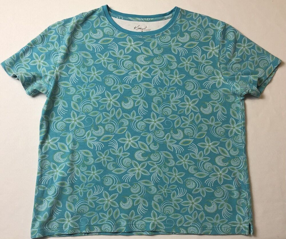 Kim Rogers Top Women M Blue Floral Print 100% Cotton Tee Short Sleeve Stretch